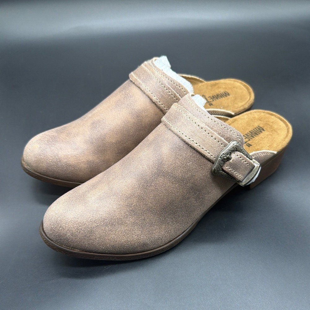 Minnetonka‎ Womens Distressed Leather Buckle Mules Block Heel Brown Shoes Size 8
